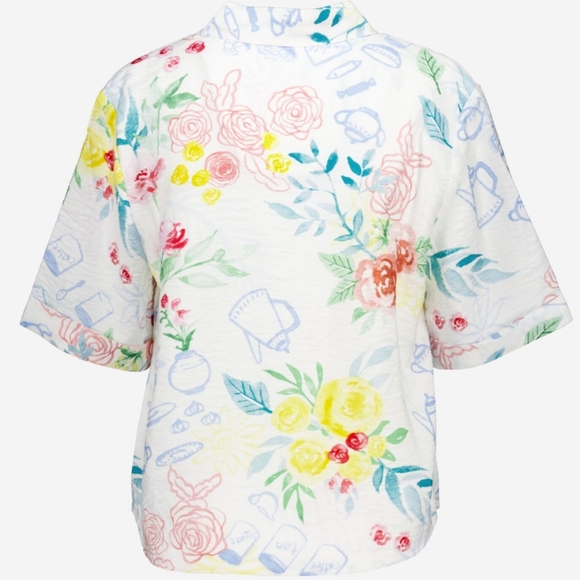 Rachel Zoe White Blue Green Floral Tea Watercolor Short Sleeve Blouse Large - Picture 2 of 12